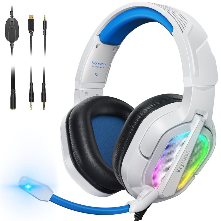 Krysenix Gaming Headset for PS4 PS5 PC Mac Xbox Series X,Noise Canceling Headphones with Microphone,PG2 Computer Headset with 3.5mm Jack & RGB Light White/Blue
