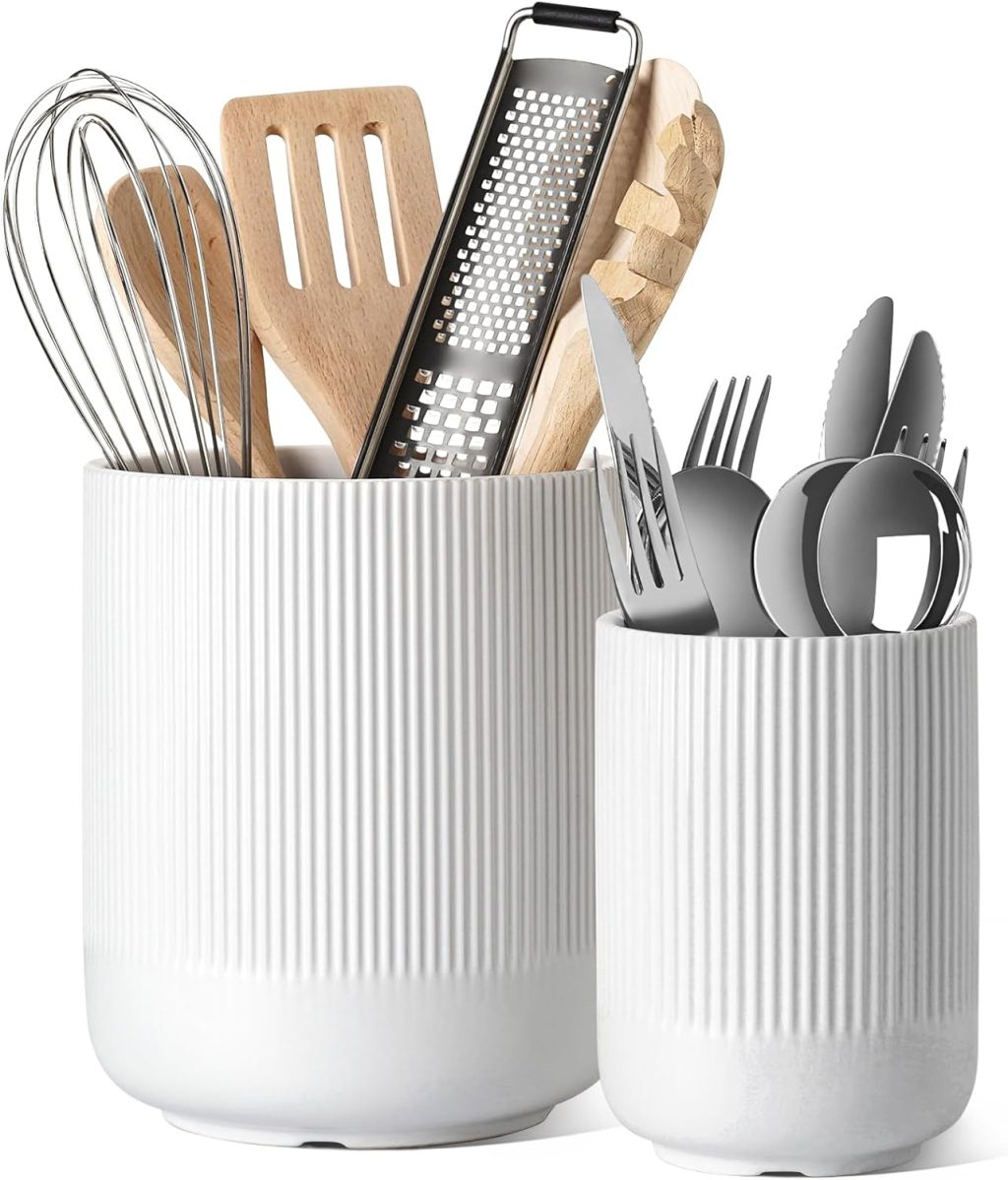 LE TAUCI Utensil Holder, 7.3″+5.4″ Ceramic Kitchen Utensil Holder for Countertop, Large Cooking Utensil Crocks for Kitchen Counter, Morden Utensil Organizer for Spatula, Kitchen Decor, Set of 2, White LE TAUCI Utensil Holder, 7.3″+5.4″ Ceramic Kitchen Utensil Holder for Countertop, Large Cooking Utensil Crocks for Kitchen Counter, Morden Utensil Organizer for Spatula, Kitchen Decor, Set of 2, White