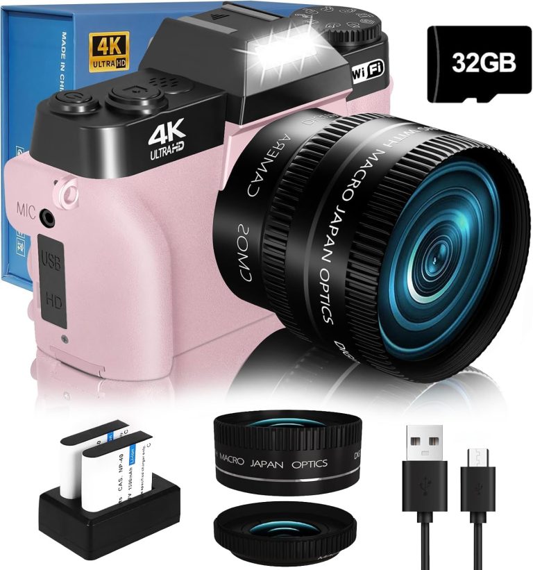 2024 Upgrade 4K 56MP Digital Camera for Photography NIKICAM Vlogging Camera for YouTube with 180° Flip Screen, WiFi,16X Digital Zoom, 52mm Lens, 2 Batteries, 32GB Micro SD Card(Pink)