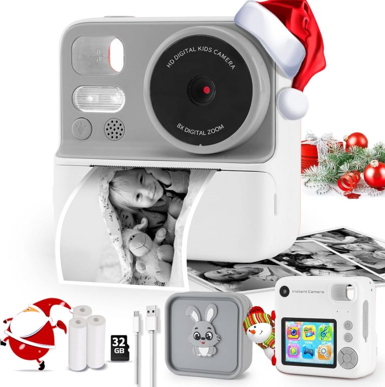 Kids Camera Instant Print with Silicone Cover, Dual Front and Rear Digital Camera Toy for Toddler, Birthday for Boy Girl 3-12 Years Old (White)