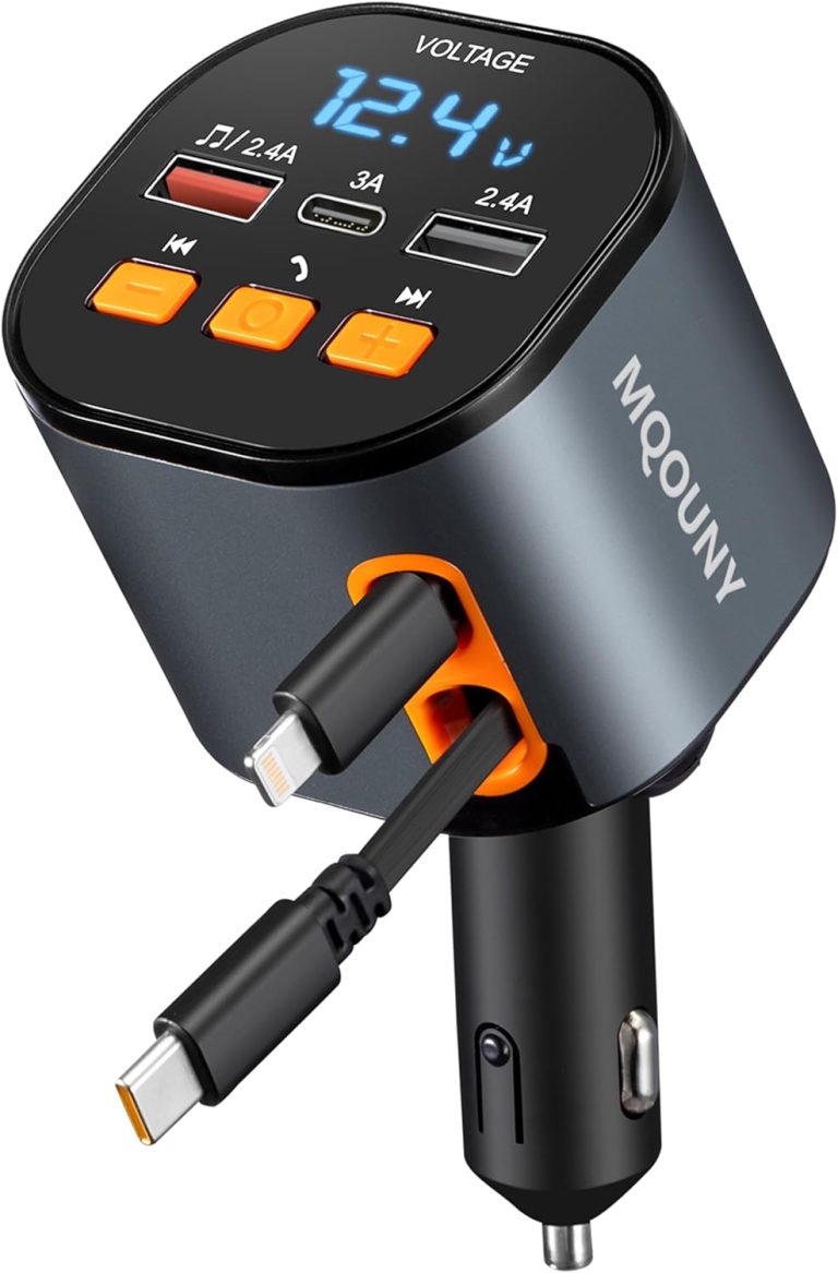 Retractable Car Charger,5 in 1 Fast Car Phone Charger 90W,Bluetooth 5.3 FM Transmitter Adapter,Handsfree Call Car Charger,2 Retractable Cables and USB Car Charger for iPhone 15/14/13