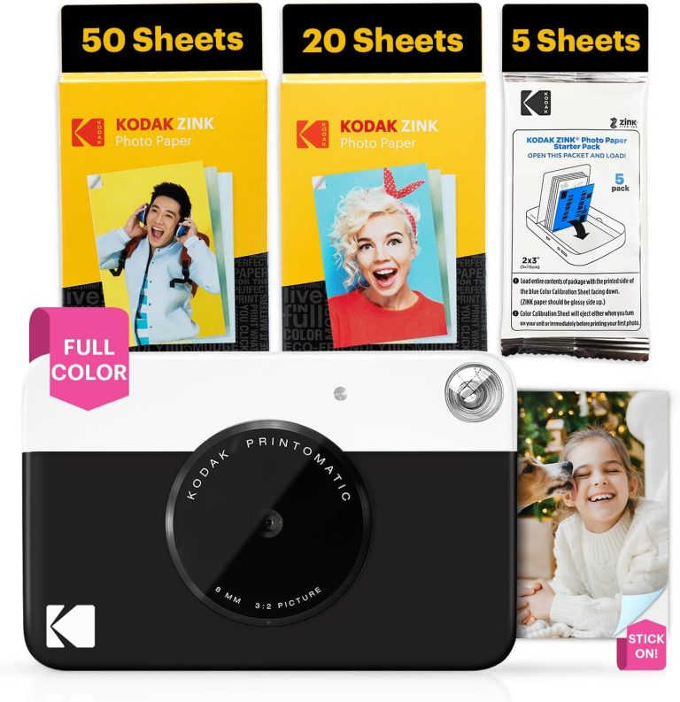 KODAK Printomatic Full-Color Instant Print Digital Camera – 75 Sheets Bundle – Prints On Zink 2×3 Sticky-Back Photo Paper – 5MP, Portable, Creative Fun Gift for Birthday, Christmas, Holiday – Black