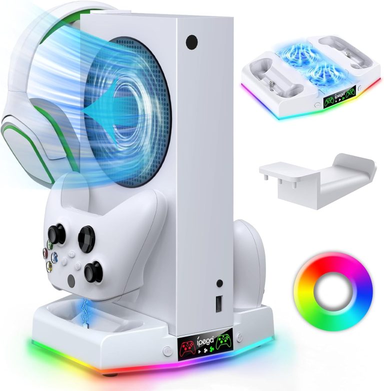 Upgraded Cooling Fan Stand for Xbox Series S with Charger Station, MENEEA Controller Charging Dock & Console Cooler System with 15 Colorful RGB Light & Headset Hook, Accessories for XSS