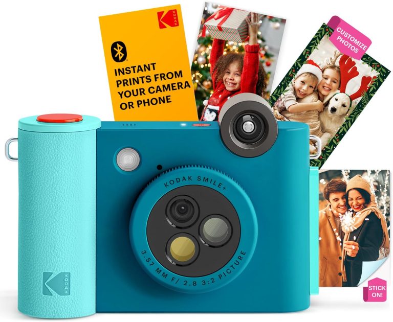 KODAK Smile+ 2-in-1 Digital Instant Print Camera & Wireless Bluetooth Photo Printer – 10MP, Special-Effect Rotating Lens, Zink 2×3” Sticky-Back Photos, Print via Fun App from Smart Devices – Blue