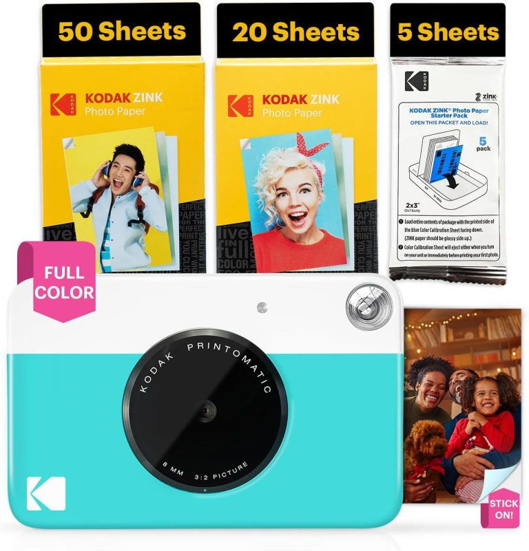 KODAK Printomatic Full-Color Instant Print Digital Camera – 75 Sheets Bundle – Prints On Zink 2×3 Sticky-Back Photo Paper – 5MP, Portable, Creative Fun Gift for Birthday, Christmas, Holiday – Blue
