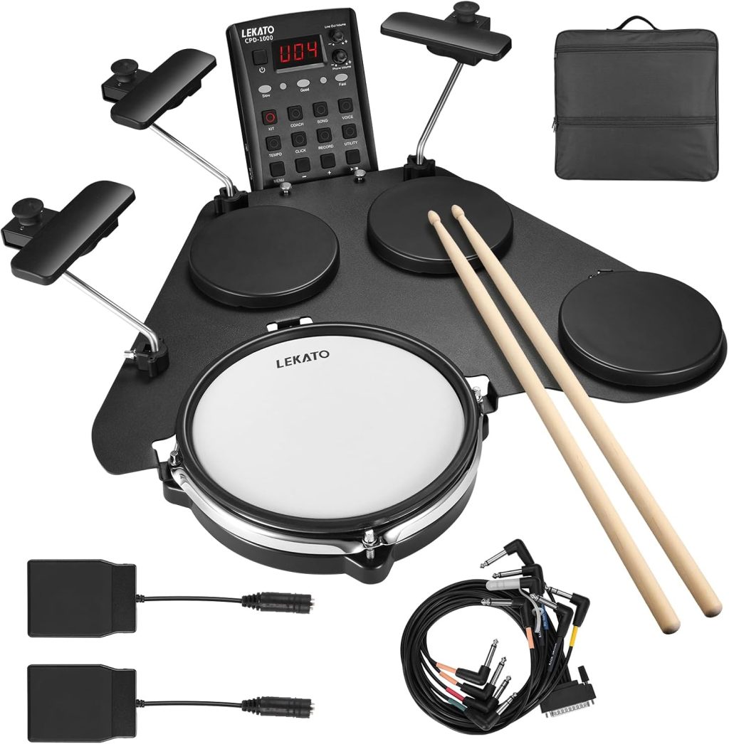 LEKATO Electronic Drum Set, Portable Electric Drum Set for Beginner with Quiet Mesh Snare Drum Pads, 220+ Sounds, USB MIDI, 2 Switch Pedal, Electric Drum Kit with Sticks, Travel Bag LEKATO Electronic Drum Set, Portable Electric Drum Set for Beginner with Quiet Mesh Snare Drum Pads, 220+ Sounds, USB MIDI, 2 Switch Pedal, Electric Drum Kit with Sticks, Travel Bag