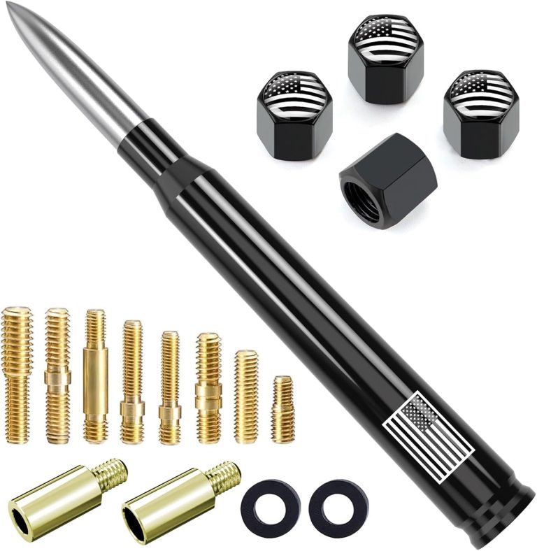 Car Truck Bullet Antenna with Tire Valve Caps American Flag Universal Short Replacement for GMC Sierra Chevy Silverado Dodge Ram 1500 2500 3500 Ford F150 F250 F350 Super Duty Raptor Accessories Silver