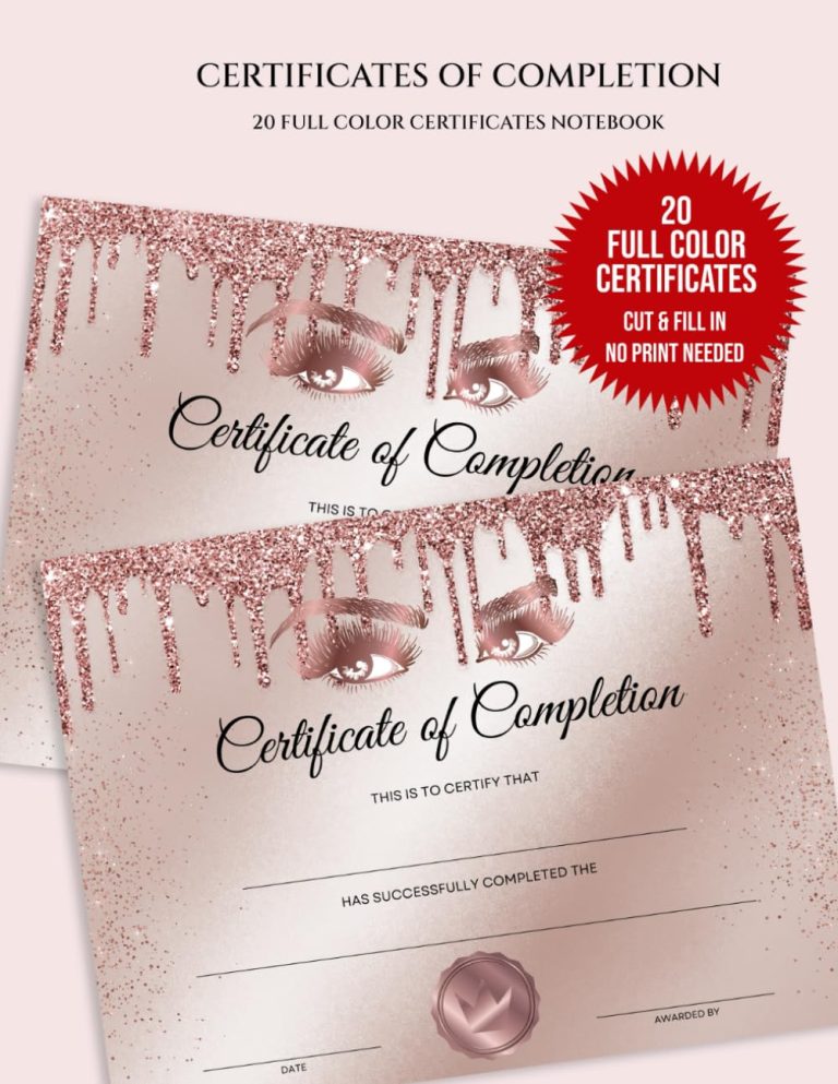 Lash Extension Certificate of Completion: Beauty Certificate of Completion for Lash Extensions or Makeup Courses, 20 Certificates 8″x11″