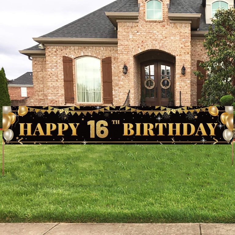 Large Happy 16th Birthday Decoration Banner, Black and Gold Happy 16th Birthday Banner Sign, 16th Birthday Party Decorations Supplies(9.8×1.6ft)
