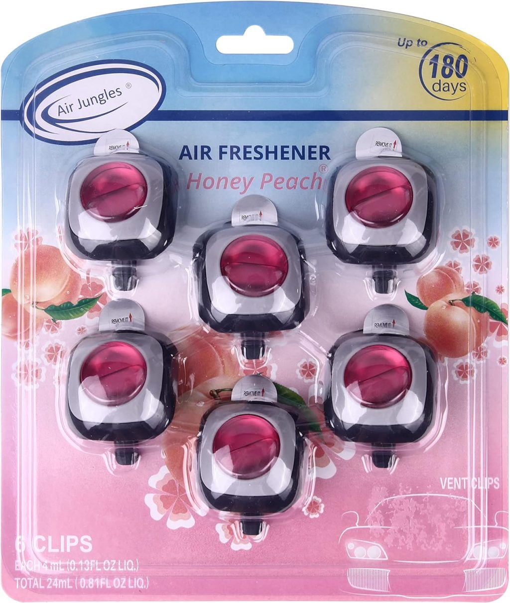 Air Jungles Honey Peach Scent Car Air Freshener Clip, 6 Vent Clips, 4ml Each, Long Lasting, Up to 180 Days Car Refresher Odor Eliminator Air Jungles Honey Peach Scent Car Air Freshener Clip, 6 Vent Clips, 4ml Each, Long Lasting, Up to 180 Days Car Refresher Odor Eliminator