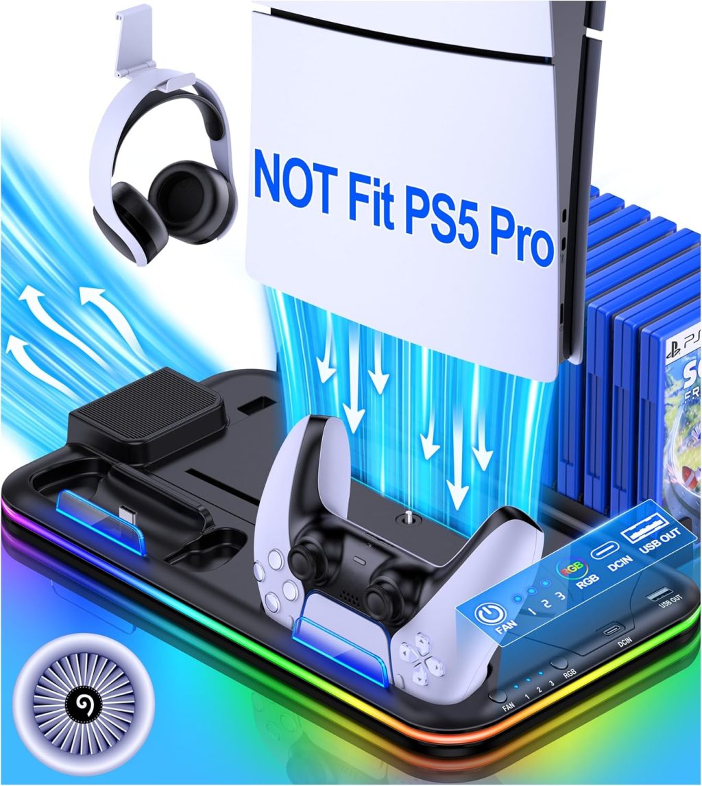 PS5 Slim Stand and Turbo Cooling Station with Controller Charging Station for Playsation 5, PS5 Accessories Kits Incl. 3 Levels Cooling Fan, RGB LED, 15 Game Slot, Headset Holder for PS5 Digital/Disc PS5 Slim Stand and Turbo Cooling Station with Controller Charging Station for Playsation 5, PS5 Accessories Kits Incl. 3 Levels Cooling Fan, RGB LED, 15 Game Slot, Headset Holder for PS5 Digital/Disc