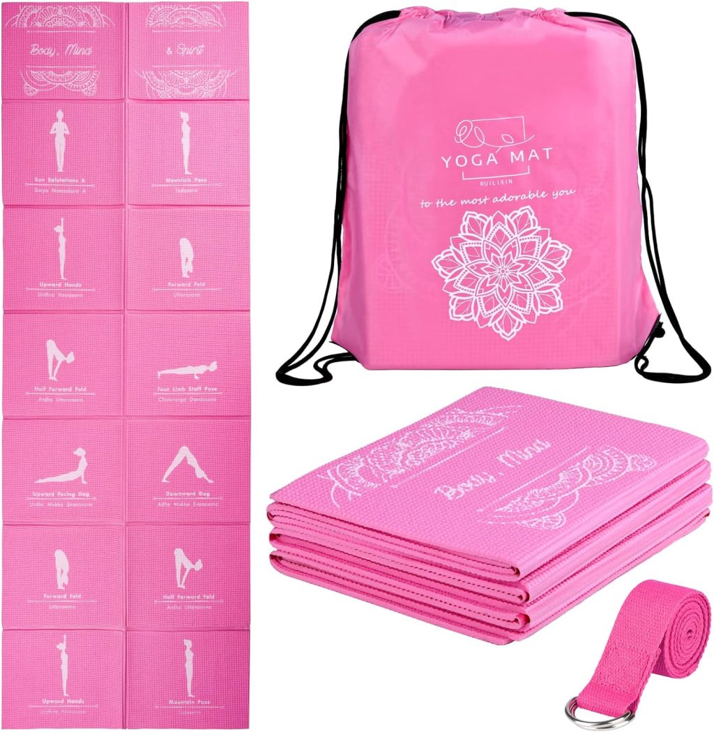 Foldable Yoga Mat for Women, Non Slip Exercise Mat for Home Gym, 5mm Travel Yoga Mats Set With Stretch Strap for Yoga Pilates and Fitness, 68″L x 24″W x 0.2 Inch Thick Foldable Yoga Mat for Women, Non Slip Exercise Mat for Home Gym, 5mm Travel Yoga Mats Set With Stretch Strap for Yoga Pilates and Fitness, 68″L x 24″W x 0.2 Inch Thick