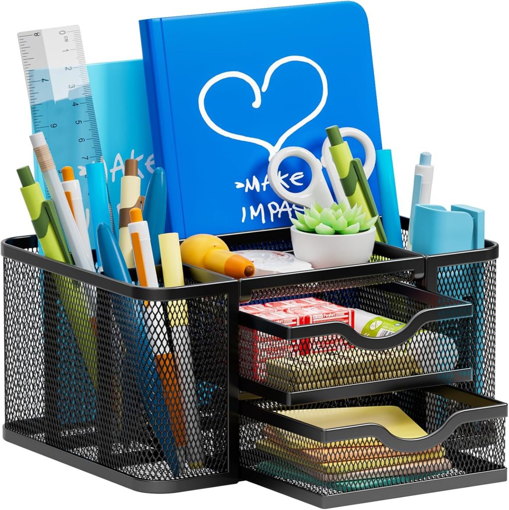 Marbrasse Mesh Desk Organizer, Pen Organizer with 2 Drawer, Multi-Functional Pencil Holder for Desk, Desk Organizers and Accessories with 5 Compartments + Drawer for Office Art Supplies (Black) Marbrasse Mesh Desk Organizer, Pen Organizer with 2 Drawer, Multi-Functional Pencil Holder for Desk, Desk Organizers and Accessories with 5 Compartments + Drawer for Office Art Supplies (Black)