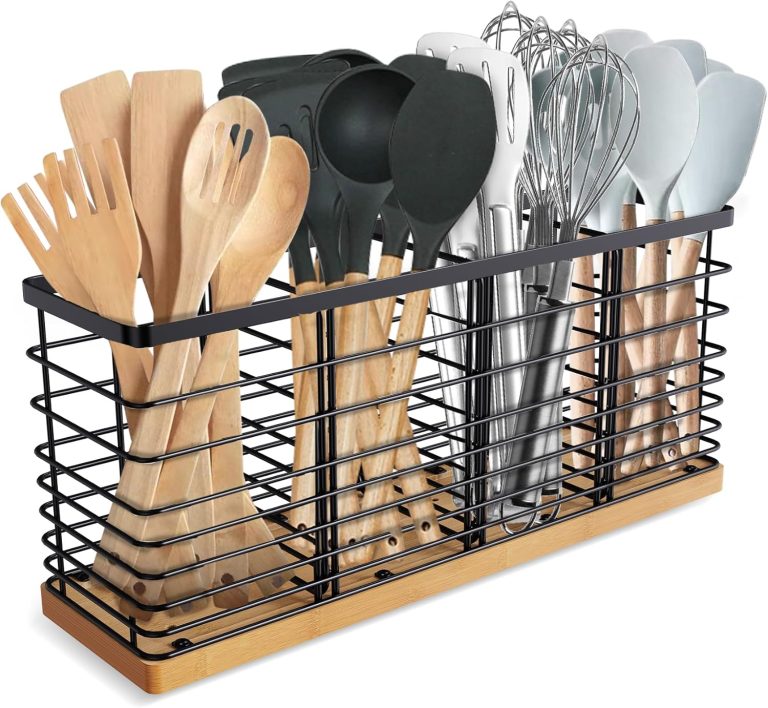 Suli Extra Large Kitchen Utensil Holder with 4 Compartments，Matte Black Metal holder with Wooden Base for Kitchen Countertop，Farmhouse Cooking Utensil Storage, Rustic Cooking Utensil