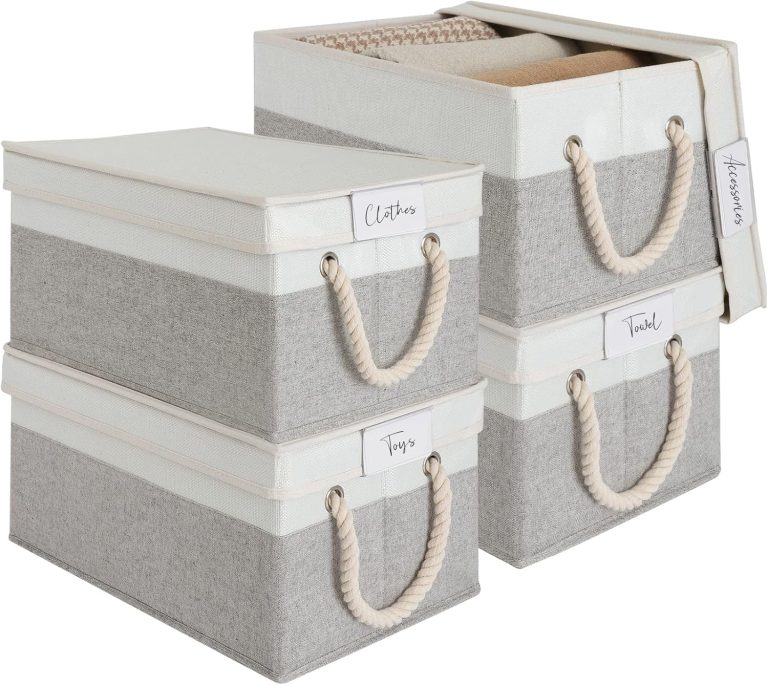 LoforHoney Home Fabric Storage Bins with Lids for Organizing, Foldable Storage Boxes with Lids for Shelves, Clothes Baskets with Cotton Rope Handles, Closet Storage Bins, Large, Beige & Gray, 4-Pack