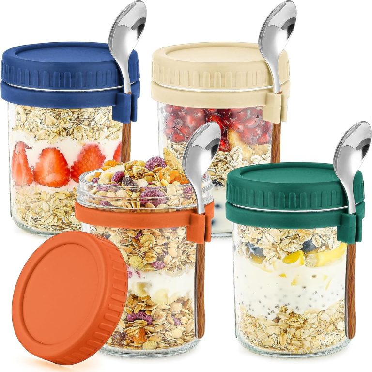 4-pack 16 oz Overnight Oats Containers with Lids and Spoons, Glass jars with Airtight Lids, Wide mouth Mason Salad jars, Glass Food Storage Containers for Snacks Yogurt Spice Sugar