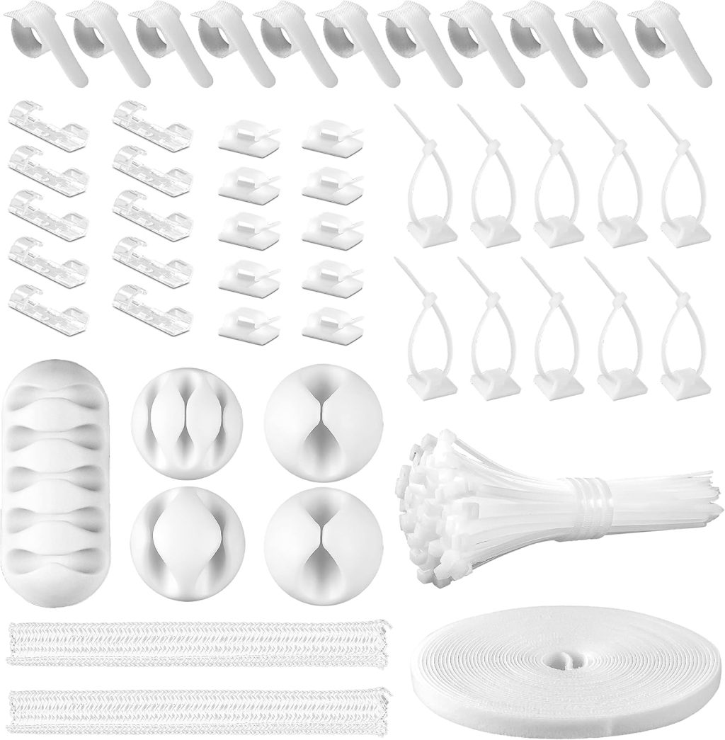 White Cable Management Organizer Kit, 2 Wire Sleeve Protector, 41 Self Adhesive Cable Clips Holder, 10pcs+2 Roll Reusable Cable Ties and 100 Cable Zip Ties for TV Computer Cord Tidy Under Desk White Cable Management Organizer Kit, 2 Wire Sleeve Protector, 41 Self Adhesive Cable Clips Holder, 10pcs+2 Roll Reusable Cable Ties and 100 Cable Zip Ties for TV Computer Cord Tidy Under Desk