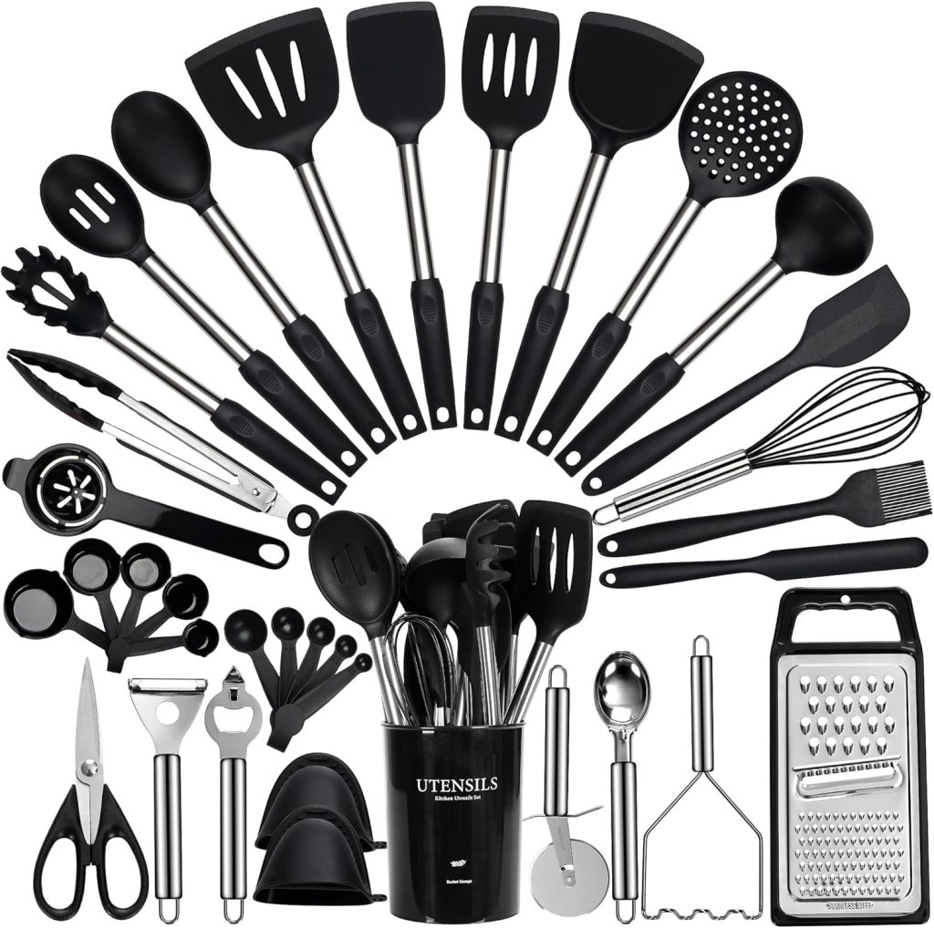 Large Cooking Utensils Set, 35 Pcs Spatula Set with Holder, Silicone Kitchen Utensils Set with Stainless Steel Handle, Cheese Grater, Scissors, Ice Cream Scoop, Pizza Cutter Kitchen Gadgets (Black) Large Cooking Utensils Set, 35 Pcs Spatula Set with Holder, Silicone Kitchen Utensils Set with Stainless Steel Handle, Cheese Grater, Scissors, Ice Cream Scoop, Pizza Cutter Kitchen Gadgets (Black)