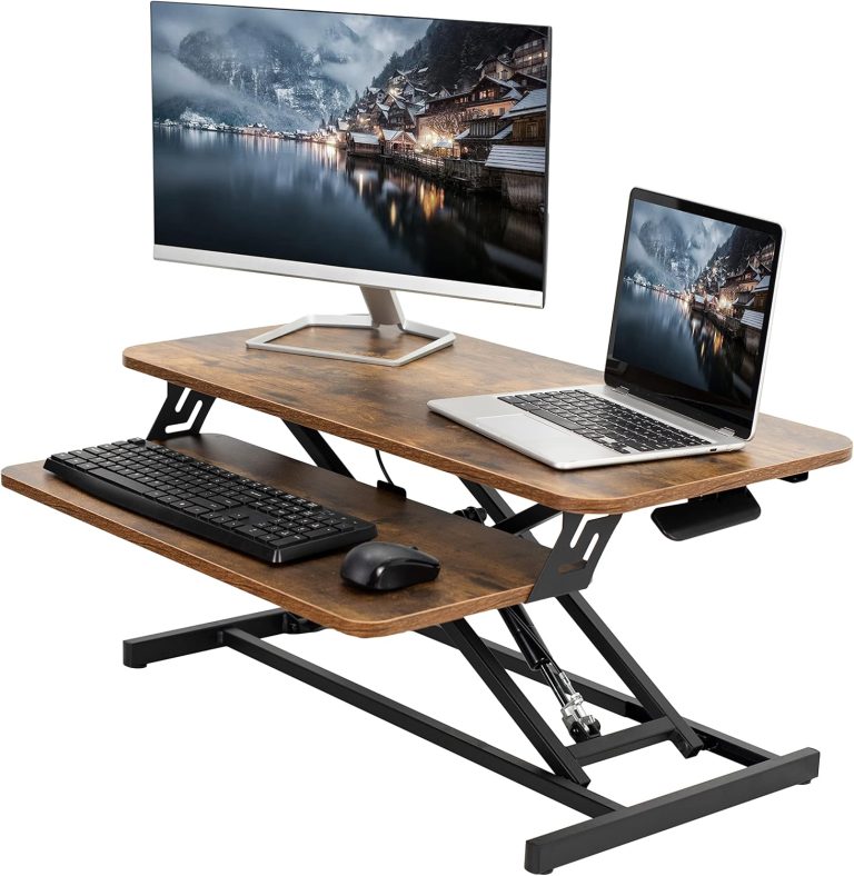 VIVO Height Adjustable 32 inch Stand Up Desk Converter, Quick Sit to Stand Tabletop Dual Monitor Riser Workstation, Rustic Vintage Brown Desktop, Black Frame, DESK-V000SN