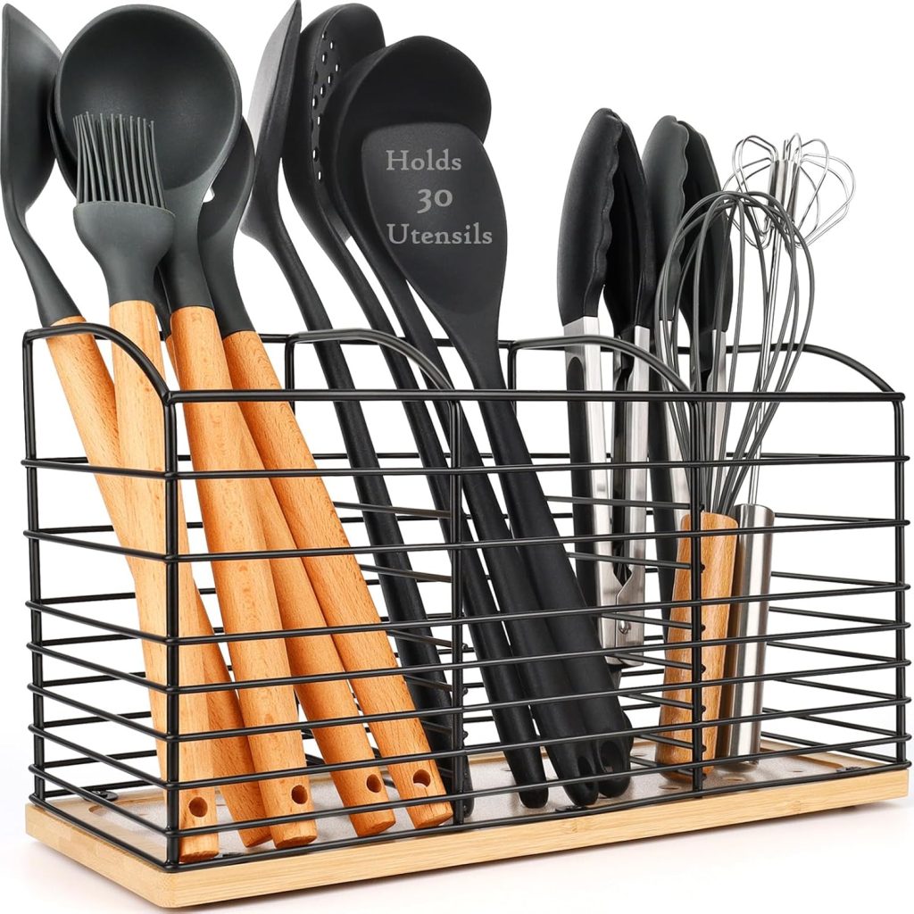 Large Utensil Holder for Kitchen Counter – 11.8″x 6.7″x 4.7″, 3 Compartments Aesthetic Design, Kitchen Utensil Holder Utensil Organizer (Metal+Bamboo) Large Utensil Holder for Kitchen Counter – 11.8″x 6.7″x 4.7″, 3 Compartments Aesthetic Design, Kitchen Utensil Holder Utensil Organizer (Metal+Bamboo)