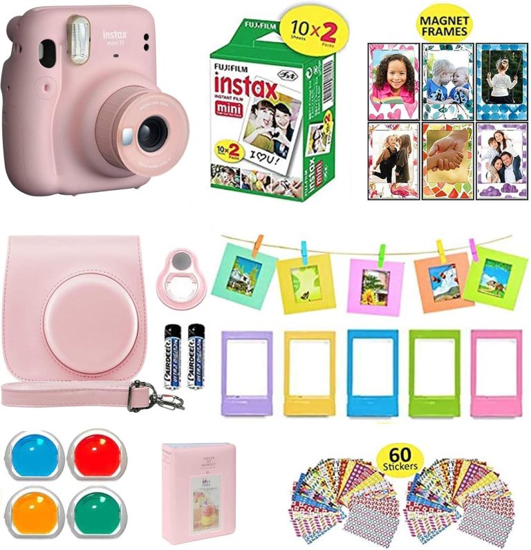 Fujifilm Instax Mini 11 Instant Camera + Shutter Compatible Carrying Case + Fuji Film Value Pack (20 Sheets) + Shutter Accessories Bundle, Color Filters, Photo Album, Assorted Frames (Blush Pink)