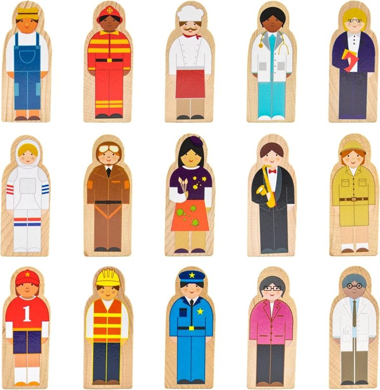 Little Professionals Wooden Character Set – Cute Wood Block People Toys for Kids & Toddlers – Open Ended STEM Pretend Play & Educational Games for Children, Boys & Girls (15-Pieces)