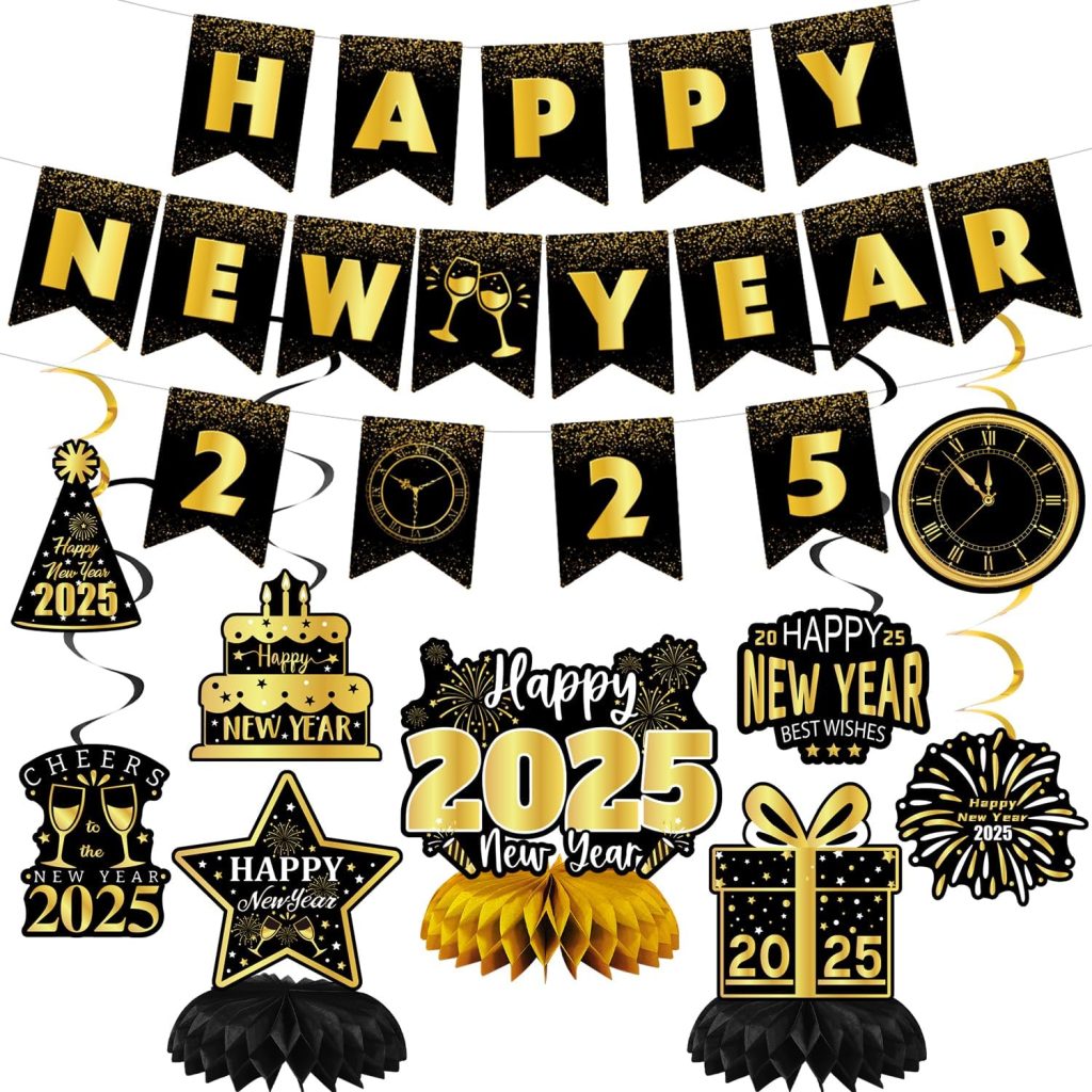 New Years Eve Party Supplies 2025, Happy New Years Decorations, Include Happy New Year Banner, Hanging Swirls and Honeycomb Centerpiece, Black and Gold Happy New Year 2025 Decorations New Years Eve Party Supplies 2025, Happy New Years Decorations, Include Happy New Year Banner, Hanging Swirls and Honeycomb Centerpiece, Black and Gold Happy New Year 2025 Decorations