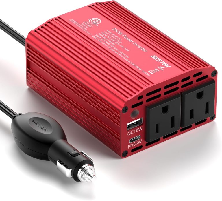 BESTEK 300W Car Power Inverter with 65W USB-C and QC3.0 Ports – 12V DC to 110V AC Converter for Vehicles with Multi-Protection – Red