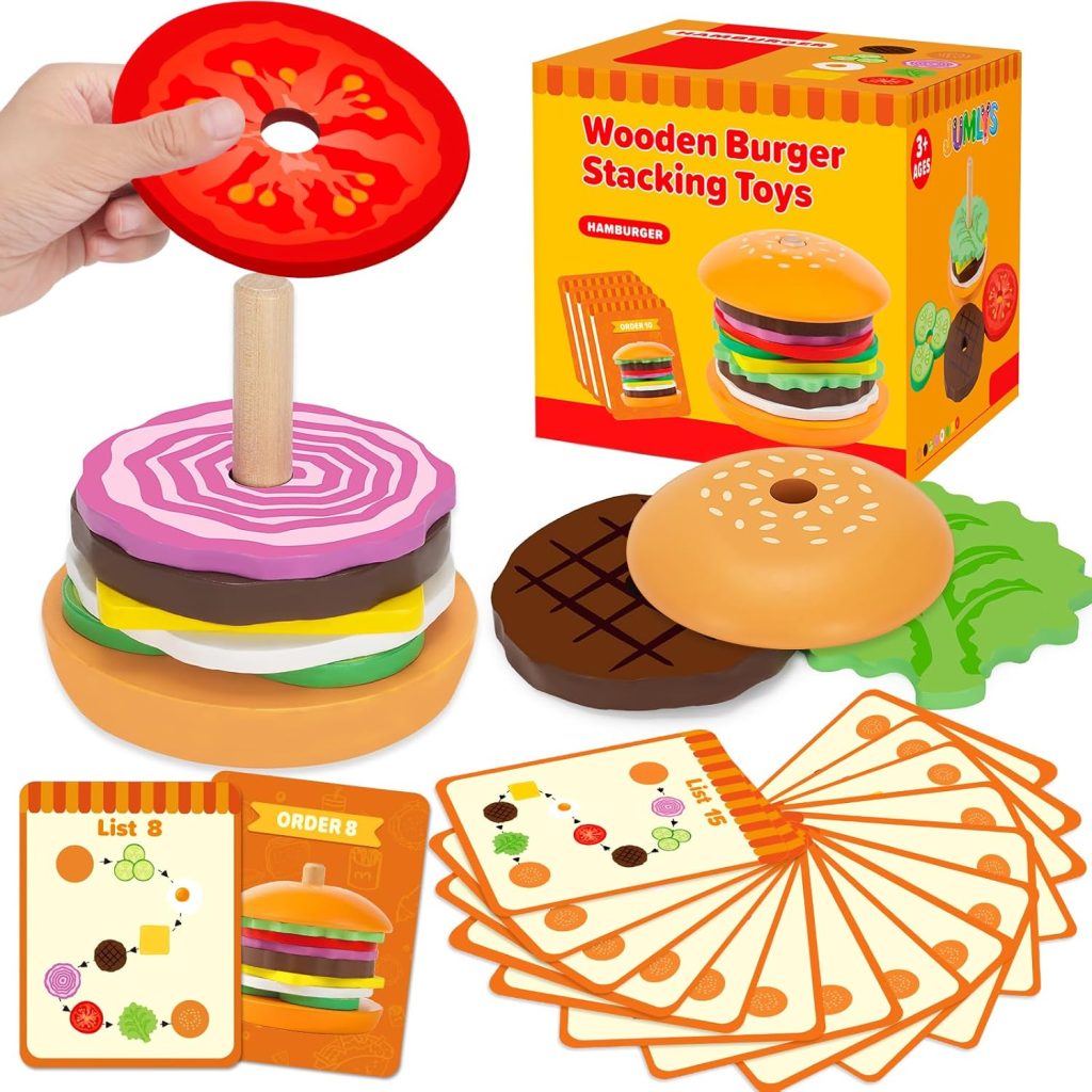 Jumlys Montessori Toys for 2, 3, 4, 5, Year Old, Wooden Burger Stacking Toys, Fine Motor Toys for Kids Boys Girls, Ideal Preschool Educational and Learning Toys, Perfect Christmas Birthday Gifts Jumlys Montessori Toys for 2, 3, 4, 5, Year Old, Wooden Burger Stacking Toys, Fine Motor Toys for Kids Boys Girls, Ideal Preschool Educational and Learning Toys, Perfect Christmas Birthday Gifts