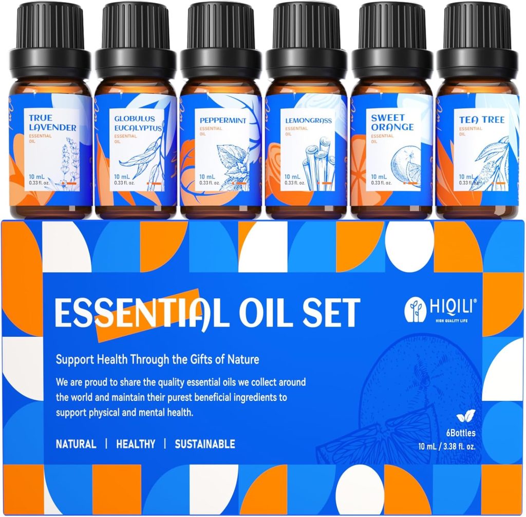 HIQILI Essential Oils for Diffusers for Home,Top 6 Gift Essential Oil Set,Include Lavender, Orange, Peppermint, Tea Tree, Eucalyptus, Lemongrass,Beginner Kit(10ML*6) HIQILI Essential Oils for Diffusers for Home,Top 6 Gift Essential Oil Set,Include Lavender, Orange, Peppermint, Tea Tree, Eucalyptus, Lemongrass,Beginner Kit(10ML*6)