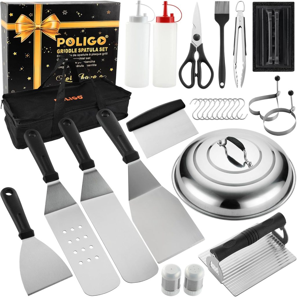 POLIGO 28PCS Griddle Accessories Kit, Flat Top Grill Accessories Set for Camp Chef, Grill Spatula Set with Enlarged Spatulas, Basting Cover, Scraper for Cooking Indoor or Outdoor Barbecue POLIGO 28PCS Griddle Accessories Kit, Flat Top Grill Accessories Set for Camp Chef, Grill Spatula Set with Enlarged Spatulas, Basting Cover, Scraper for Cooking Indoor or Outdoor Barbecue