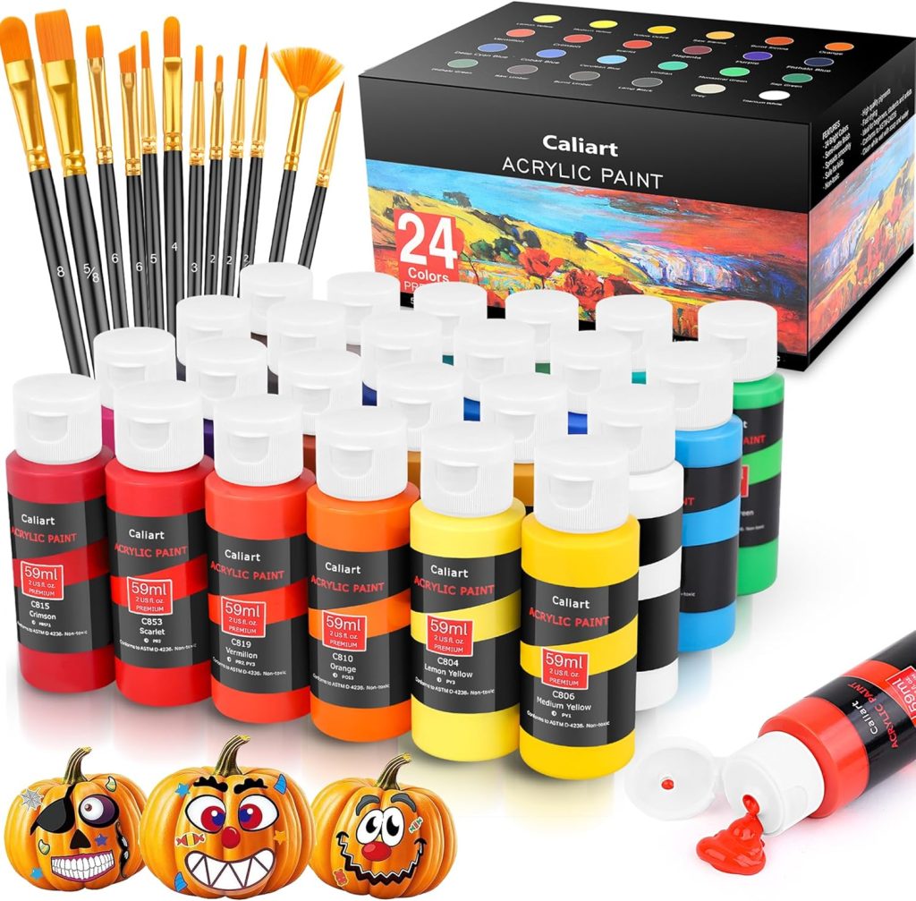 Acrylic Paint Set with 12 Brushes, 24 Colors (59ml, 2oz) Art Craft Paints for Artists Kids Students Beginners & Painters, Canvas Halloween Pumpkin Ceramic Wood Rock Painting Art Supplies (Multicolor) Acrylic Paint Set with 12 Brushes, 24 Colors (59ml, 2oz) Art Craft Paints for Artists Kids Students Beginners & Painters, Canvas Halloween Pumpkin Ceramic Wood Rock Painting Art Supplies (Multicolor)