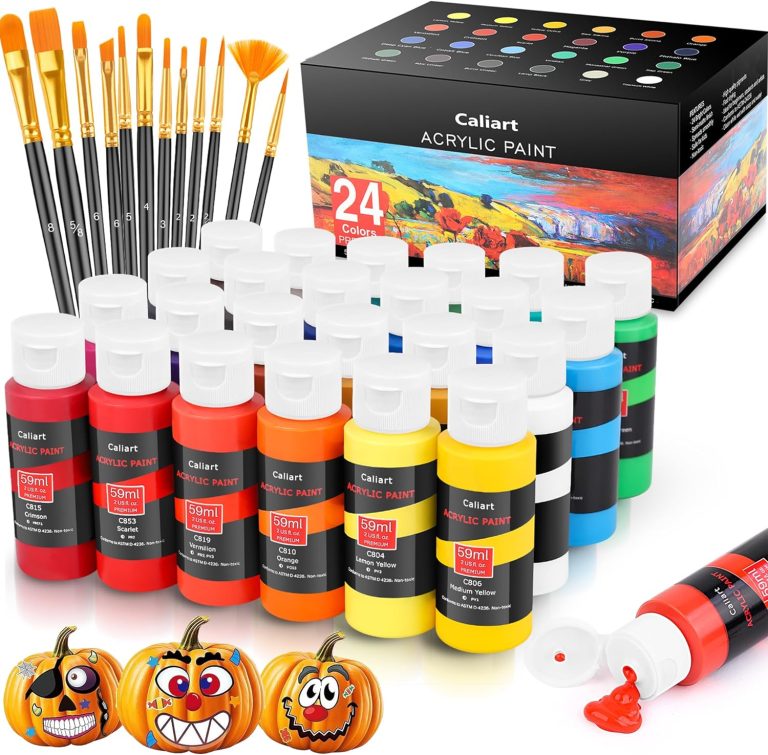 Acrylic Paint Set with 12 Brushes, 24 Colors (59ml, 2oz) Art Craft Paints for Artists Kids Students Beginners & Painters, Canvas Halloween Pumpkin Ceramic Wood Rock Painting Art Supplies (Multicolor)