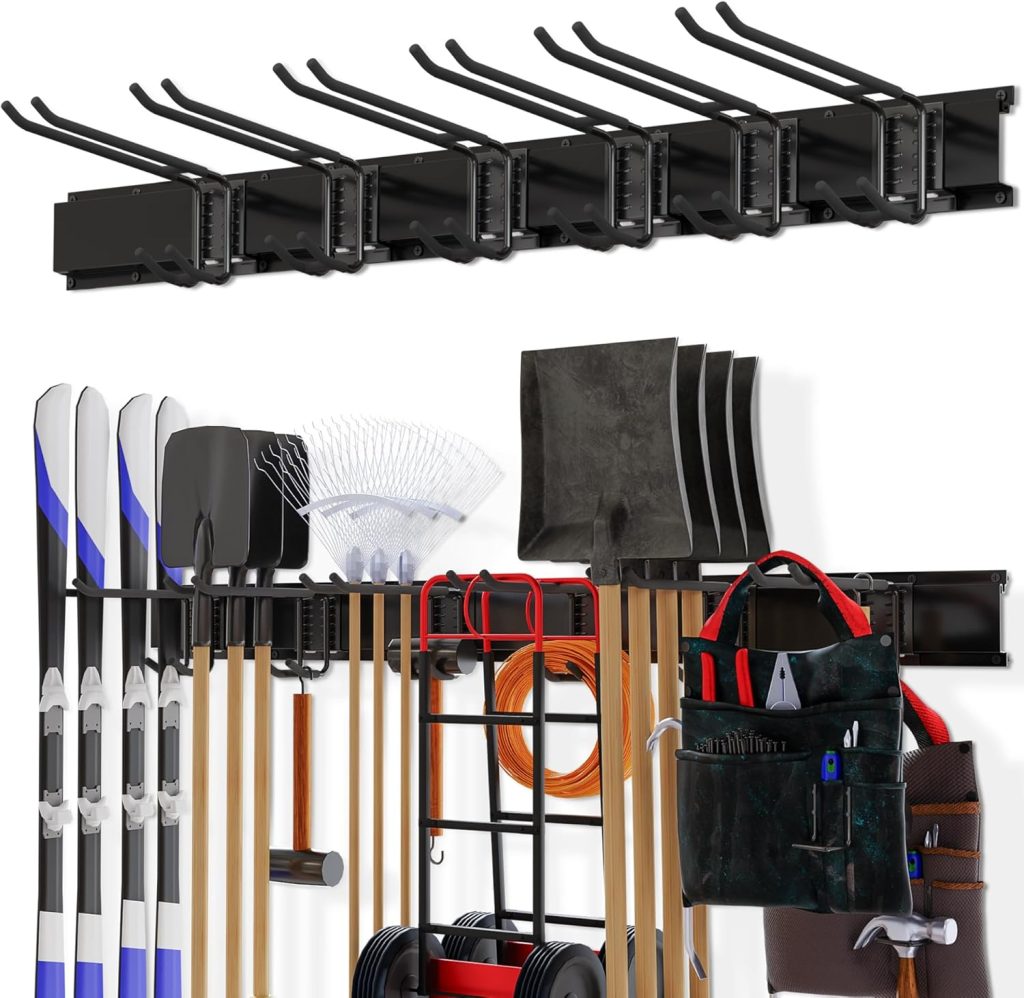 Garage Organization, Garage Tool Organizer Wall Mount with 48 inches Rails and 6 Double-layer Hooks, Tool Organizer Rack Garage Hanging Storage Rack For Yard Tools, Shovel, Chair, Snowborad Garage Organization, Garage Tool Organizer Wall Mount with 48 inches Rails and 6 Double-layer Hooks, Tool Organizer Rack Garage Hanging Storage Rack For Yard Tools, Shovel, Chair, Snowborad