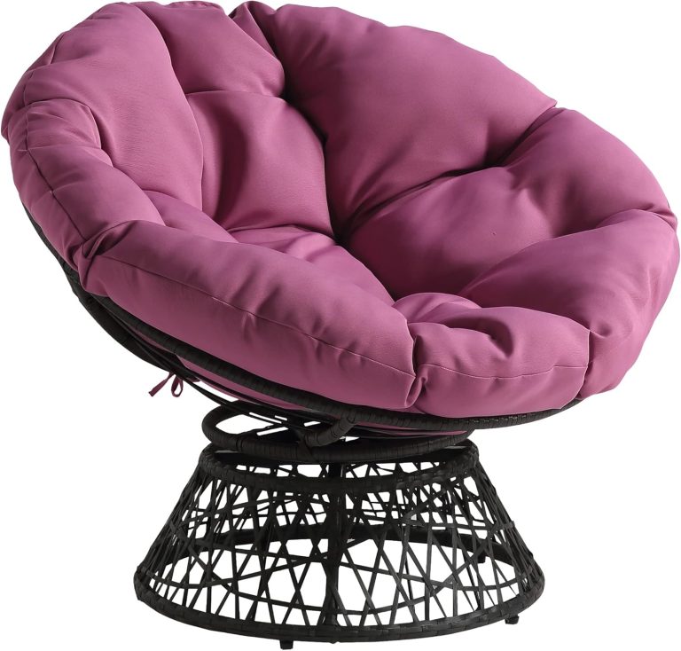 OSP Home Furnishings Wicker Papasan Chair with 360-Degree Swivel, Grey Frame with Purple Cushion