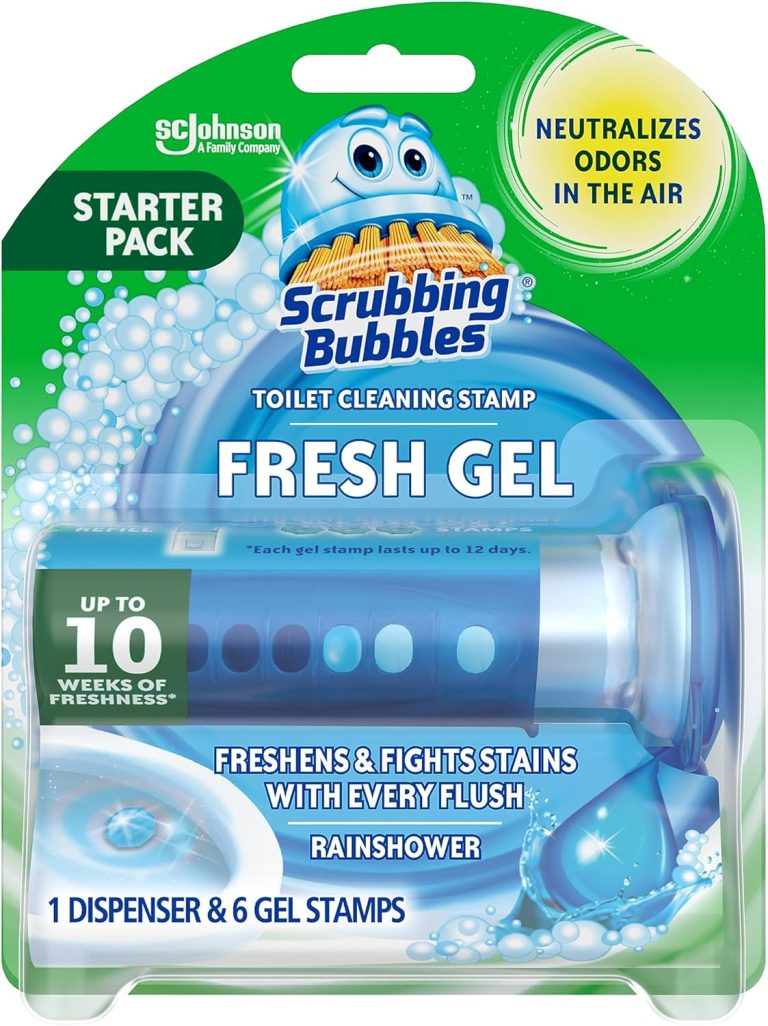 Scrubbing Bubbles Fresh Gel Toilet Bowl Cleaning Stamps, Helps Keep Toilet Clean and Helps Prevent Limescale & Toilet Rings, Rainshower Scent, 1 Dispenser with 6 Fresh Gel Stamps