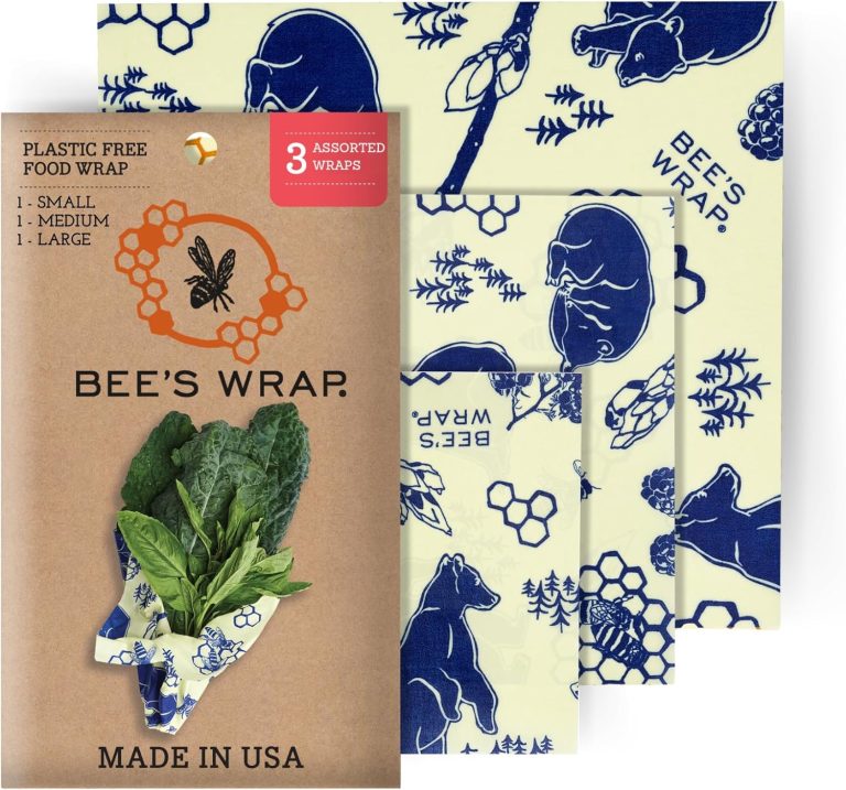 Bee’s Wrap Reusable Beeswax Food Wraps Made in the USA, Eco Friendly Beeswax Wraps for Food, Sustainable Food Storage Containers, Organic Cotton Food Wraps, Assorted 3 Pack (S, M, L), Bees + Bears