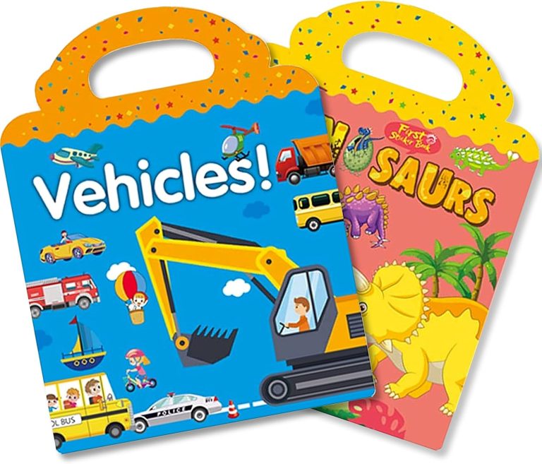 Reusable Sticker Book for Kids 2-4, 2 Sets Vehicle & Dinosaur Sticker Busy Book Educational Learning Toys Travel Stickers Quiet Activity Books for Toddler Age 2+ Birthday Gifts