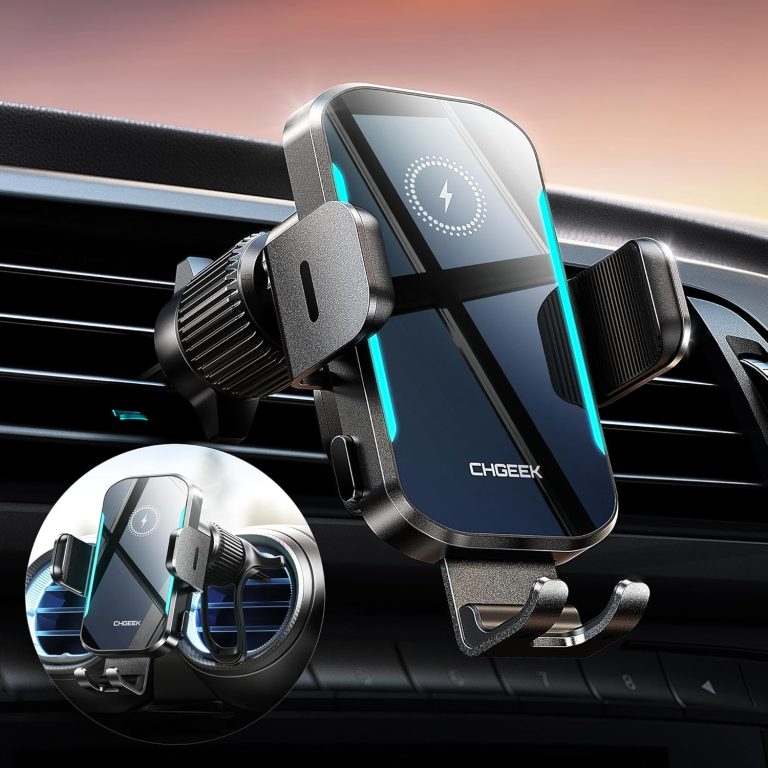 CHGeek Wireless Car Charger, 15W Fast Charging Car Phone Holder Charger Auto-Clamping Air Vent Phone Mount Car Charger with Blue LED Backlit for iPhone 16 15 14 13 12, Samsung S24 S23 S22, etc
