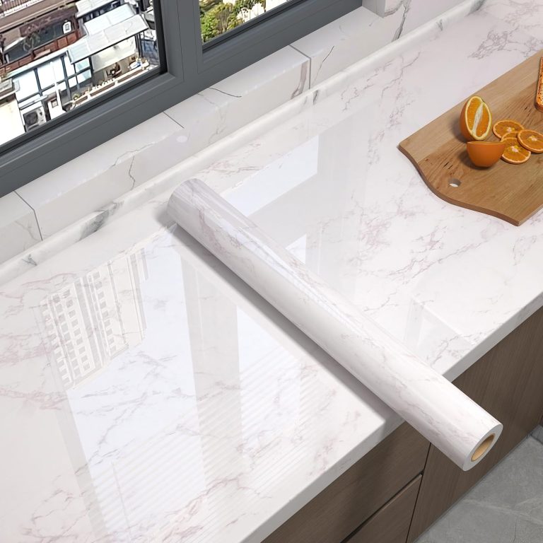 White/Gray Glossy Marble Contact Paper Wallpaper 23.6″x197″ Peel and Stick Wallpaper Self Adhesive Thick Removable Waterproof DIY Vinyl Film for Kitchen Countertops Cabinet Furniture Refurbishment