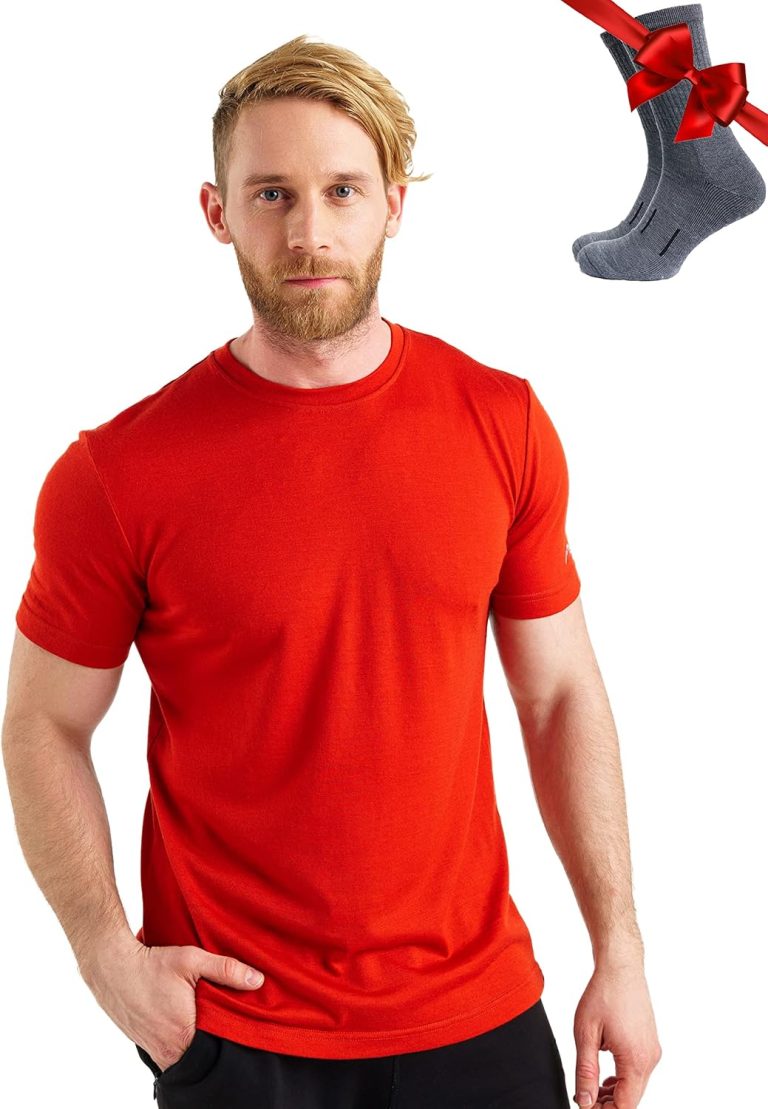 Merino.tech Merino Wool T-Shirt Mens – 100% Organic Merino Wool Undershirt Lightweight Base Layer + Hiking Wool Socks