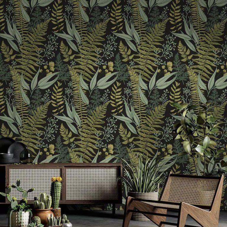Fern Botanical Wallpaper Peel and Stick, Black Green Plants Removable Adhesive Wallpaper Vintage Wall Mural for Bedroom Bathroom Living Room Renter Friendly Wall Decor, 17.7in x 9.8ft
