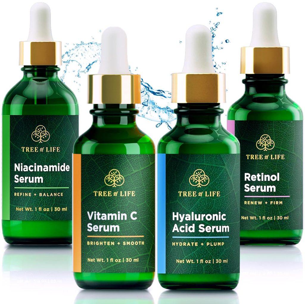 Tree of Life Beauty Facial Skin Care Set, Brightening, Firming, Hydrating, Dry Face, Dermatologist Tested – Niacinamide + Vitamin C + Retinol + Hyaluronic Acid Serum – 4 count of 1 Fl Oz Tree of Life Beauty Facial Skin Care Set, Brightening, Firming, Hydrating, Dry Face, Dermatologist Tested – Niacinamide + Vitamin C + Retinol + Hyaluronic Acid Serum – 4 count of 1 Fl Oz