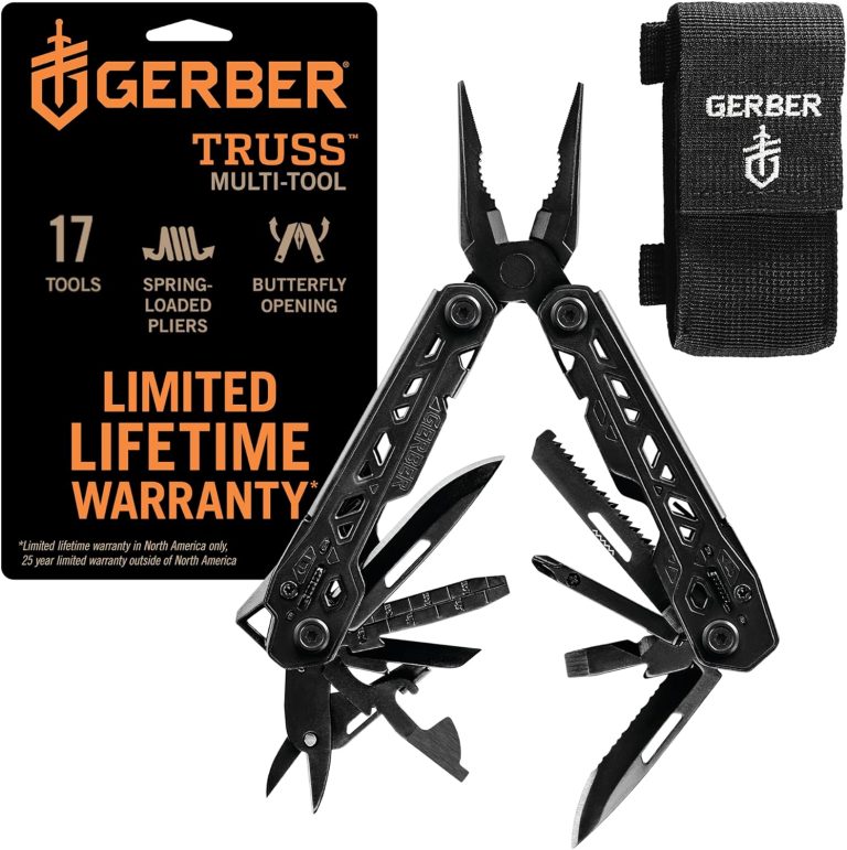 Gerber Gear Truss 17-in-1 EDC Needle Nose Pliers Multi tool – includes Pocket Knife, Screwdriver, and Bottle Opener Accessories – Gifts for Men, Fishing and Camping Gear – Black with Molle Sheath