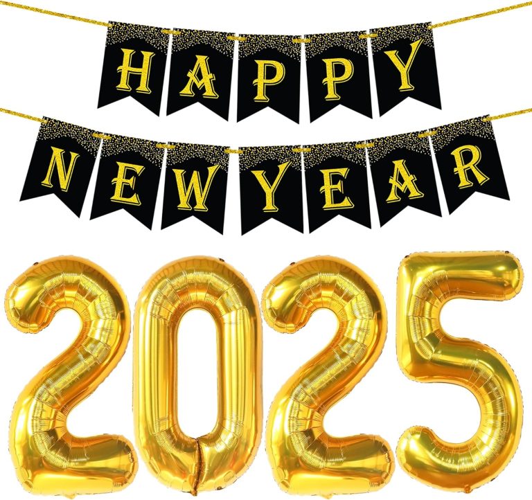 KatchOn, New Years Eve Party Supplies 2025 – Pack of 5 | 10 Feet, No DIY, Happy New Year Banner with 40 Inch, 2025 Balloons Gold | Happy New Years Decorations 2025 | New Years Eve Decorations 2025