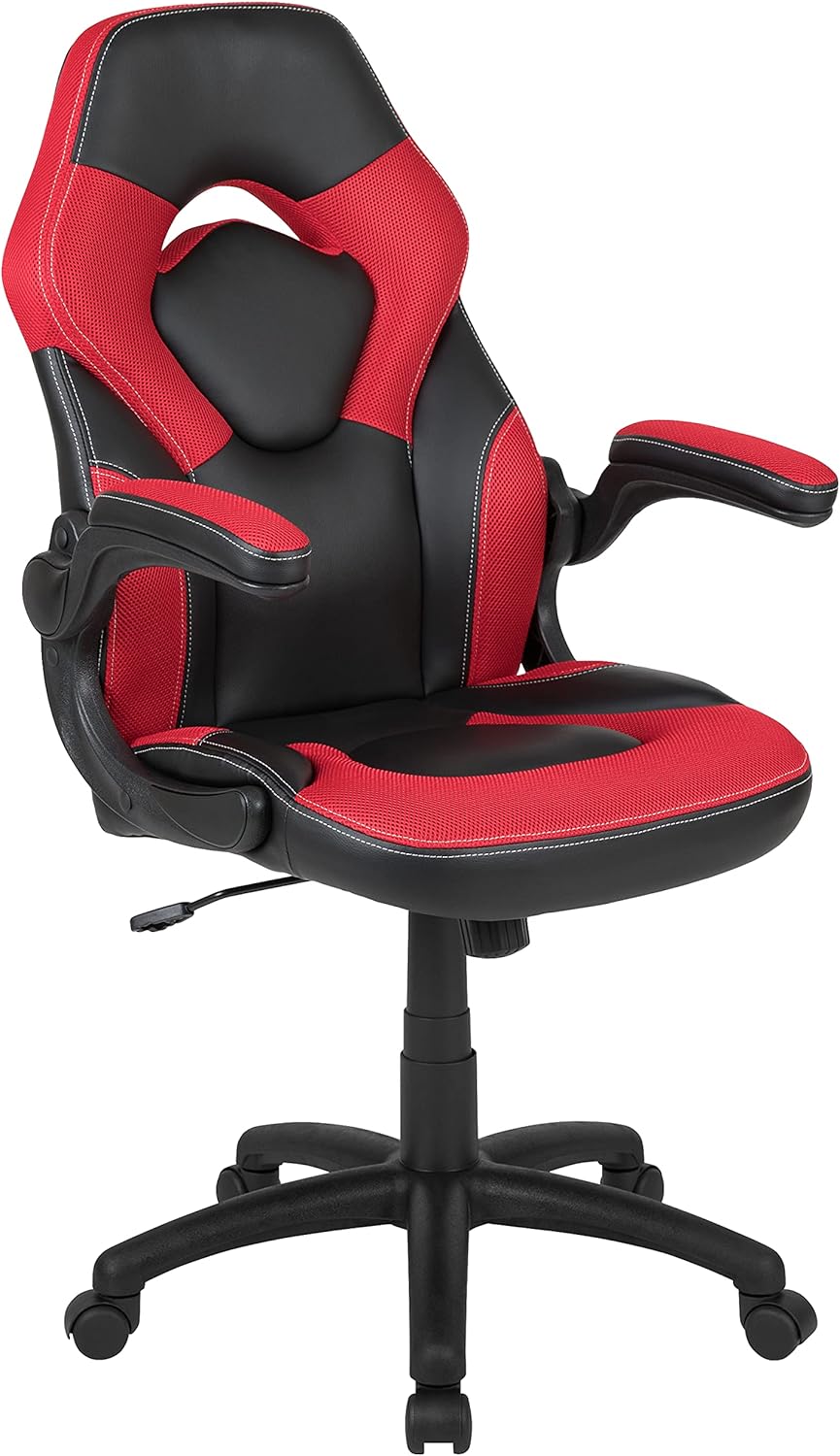 Flash Furniture X10 High-Back LeatherSoft Racing Style Gaming Chair with Flip-Up Arms, Ergonomic Padded Swivel Computer Chair, Red/Black Flash Furniture X10 High-Back LeatherSoft Racing Style Gaming Chair with Flip-Up Arms, Ergonomic Padded Swivel Computer Chair, Red/Black