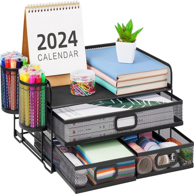 Marbrasse 3 Tier Mesh Desk Organizer with Drawer, Multi-Functional Desk Organizers and Accessories, Paper Letter Organizer with 2 Pen Holder for Home Office Supplies – Black