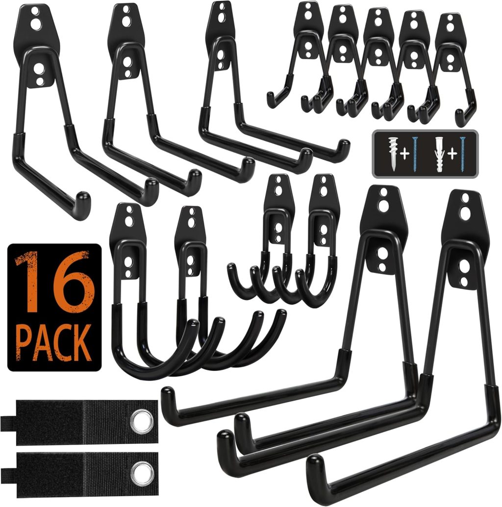 Garage Hooks, 16 Pack Steel Heavy Duty Garage Storage Hooks with Anti-Slip Coating, Utility Garage Wall Mount Hooks for Hanging Bike, Ladder and Garden Tools Garage Hooks, 16 Pack Steel Heavy Duty Garage Storage Hooks with Anti-Slip Coating, Utility Garage Wall Mount Hooks for Hanging Bike, Ladder and Garden Tools