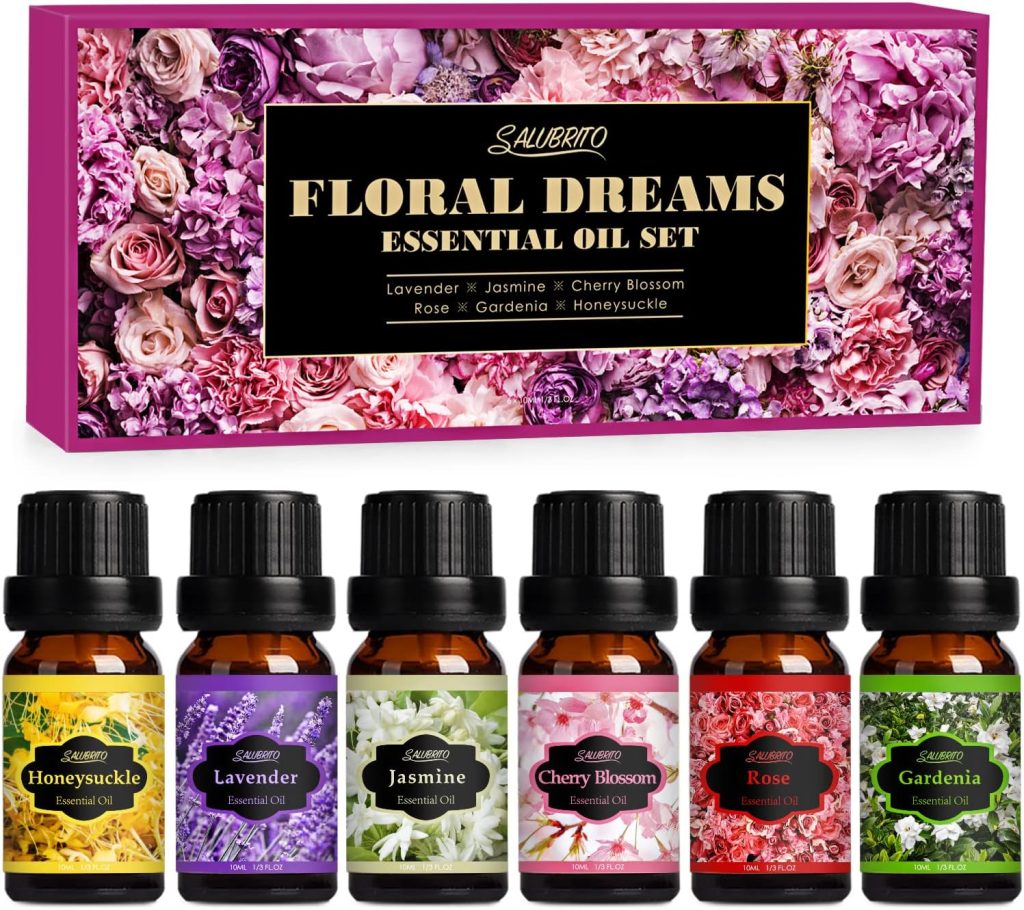 SALUBRITO Floral Fragrance Oils Set, Essential Oils for Diffuser & Candle Making Scents, 6x10ml Aromatherapy Oils Gift Set – Jasmine, Lavender, Rose, Gardenia, Cherry Blossom, Honeysuckle Oil SALUBRITO Floral Fragrance Oils Set, Essential Oils for Diffuser & Candle Making Scents, 6x10ml Aromatherapy Oils Gift Set – Jasmine, Lavender, Rose, Gardenia, Cherry Blossom, Honeysuckle Oil