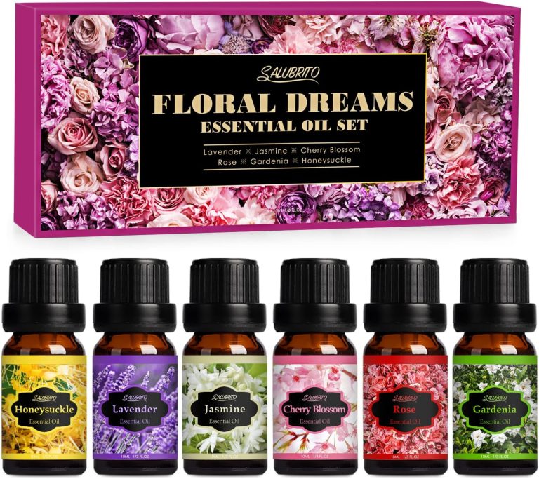 SALUBRITO Floral Fragrance Oils Set, Essential Oils for Diffuser & Candle Making Scents, 6x10ml Aromatherapy Oils Gift Set – Jasmine, Lavender, Rose, Gardenia, Cherry Blossom, Honeysuckle Oil